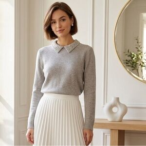 ♥️🔥♥️ Tahari Cashmere Sweater with Faux Pearl Collar size L